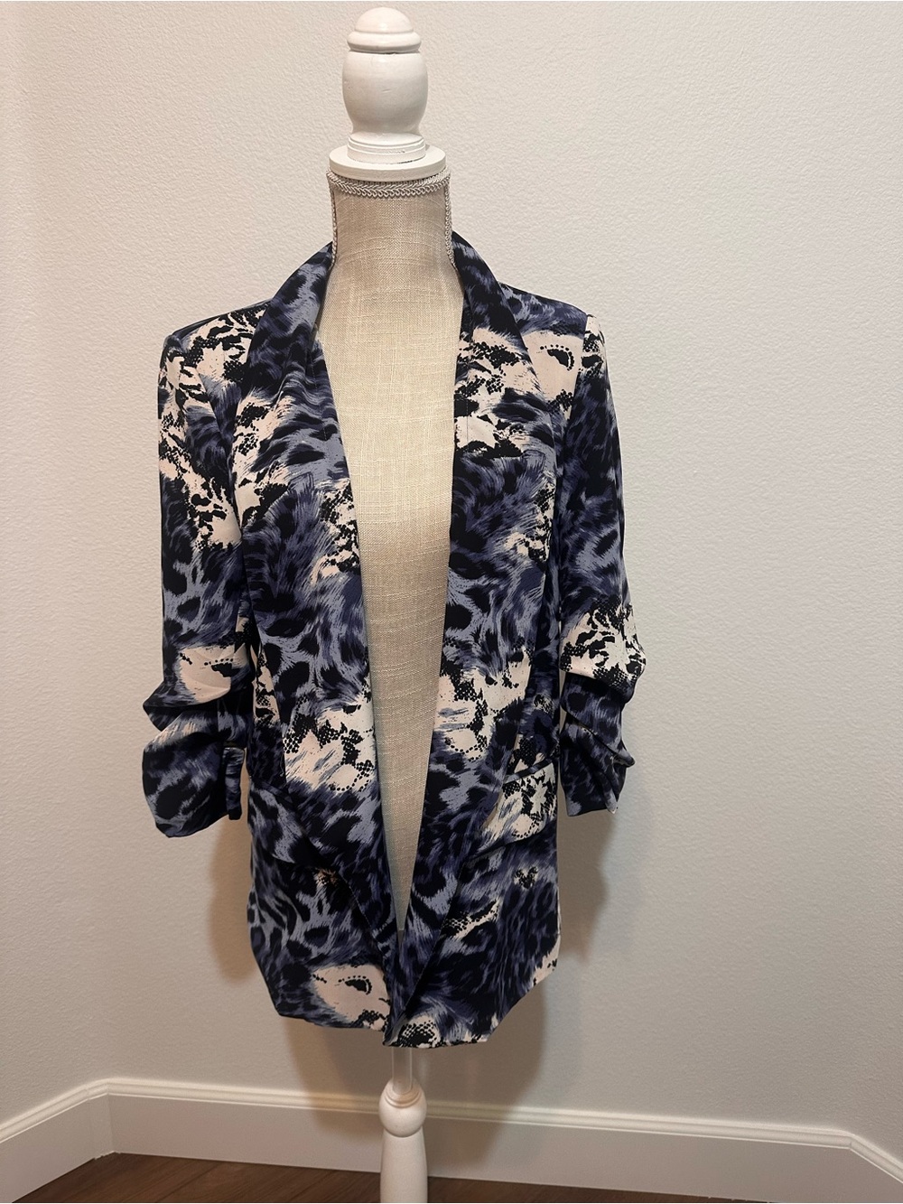 Blue, Black & Ivory Printed Open-Front Blazer